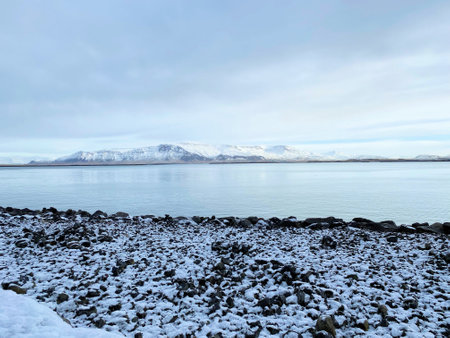 View of Reykjavik, Iceland from the shore of the seaの写真素材