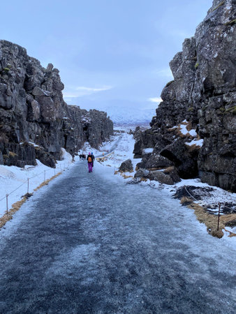 Icelandic landscape with fjord, lake and mountains in winter at Pingvellir National Parkの写真素材