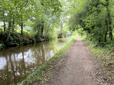 A path through the woods along the Shropshire Union Canal, with a view of the surrounding...