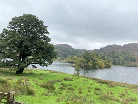 Landscape view of Lake District in England with cloudy sky and mountainsの写真素材
