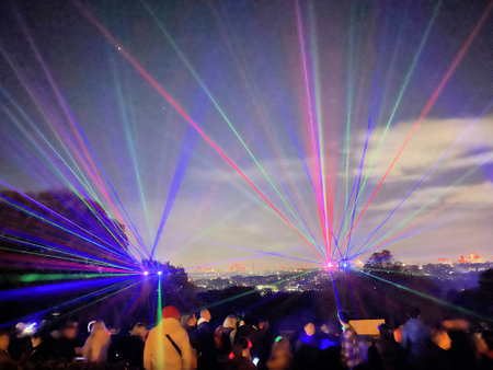 Colorful laser show in the grounds of Alexandra Palace in London, closeup of photoのeditorial素材