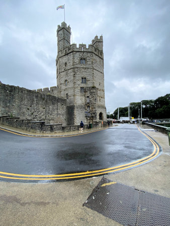 A view of Caernarfon Castle on a rainy day in August 2021.のeditorial素材