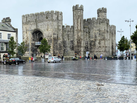 A view of Caernarfon Castle on a rainy day in August 2021.のeditorial素材