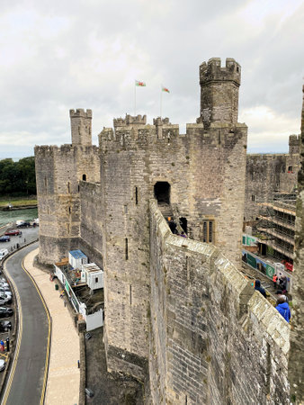 A view of Caernarfon Castle on a rainy day in August 2021.のeditorial素材