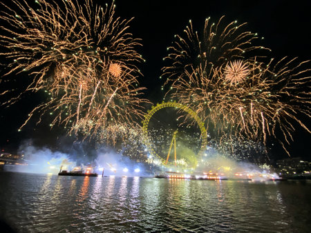 Beautiful firework display for celebration happy new year and merry christmasのeditorial素材