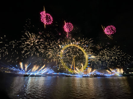 Beautiful firework display for celebration happy new year and merry christmasのeditorial素材