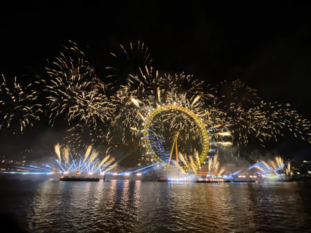 Beautiful firework display for celebration happy new year and merry christmasのeditorial素材