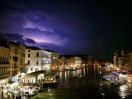 Milky Way over Grand Canal at night, Venice, Italy.の写真素材