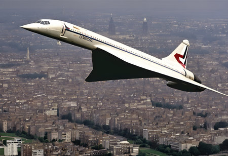 A view of a Super sonic plane in flightの素材