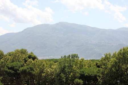 landscape of mountains and forests in Italy showing Mount Vesuviusの写真素材