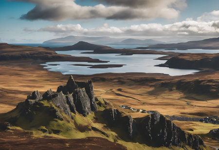 Isle of Skye landscape with lake and mountains. 3D Renderingの素材