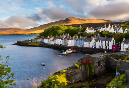 Isle of Skye landscape with lake and mountains. 3D Renderingの素材