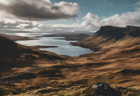 Isle of Skye landscape with lake and mountains. 3D Renderingの素材