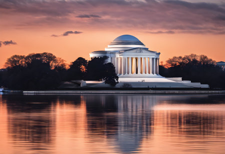 Thomas Jefferson Memorial in Washington DC reflected in the Reflecting Pool.の素材