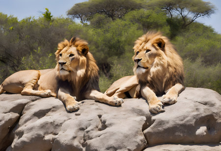 Lion and lioness resting on rocks in the Chobe National Park, Botswanaの素材