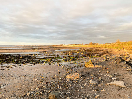 Landscape with black sand beach and rocks at low tideの写真素材