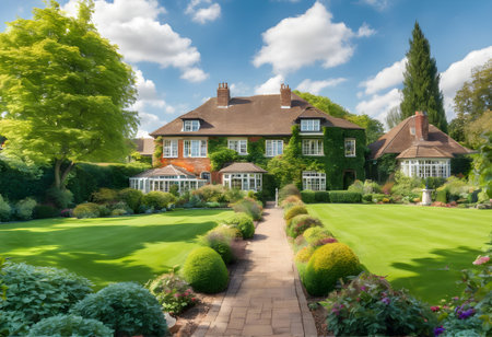 Luxury mansion in the garden with beautiful landscaped lawn.の素材
