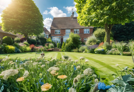 Beautiful garden with a house in the background on a sunny dayの素材