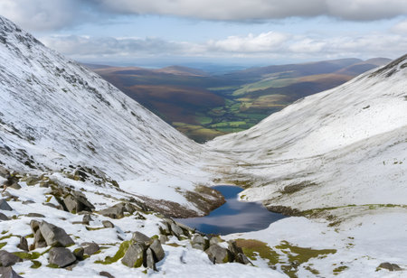 Snowy Peak District National Park in England United Kingdom with a lakeの素材