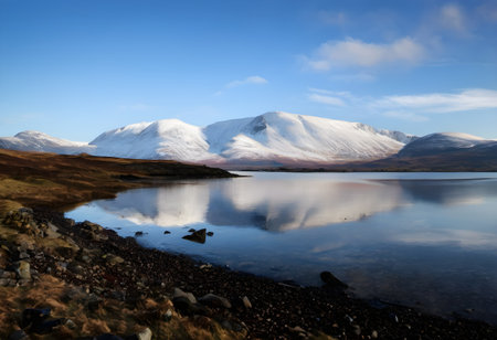 Icelandic landscape with snow capped mountains reflected in a lake.の素材