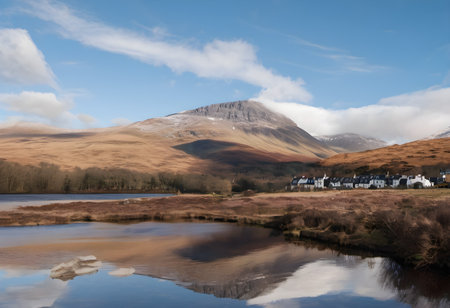 Reflection of houses in Glencoe, Cumbria, Englandの素材
