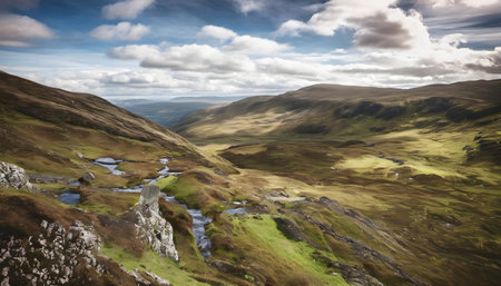 Panoramic view of a small river in the highlands of Scotlandの素材