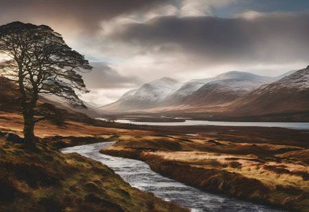 Digital composite of landscape image of a river flowing over a hillside in Scotlandの素材