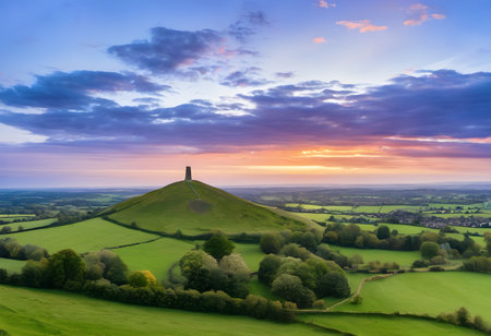Aerial view of the ruins of Bodmin Moor in Cornwall at sunsetの素材