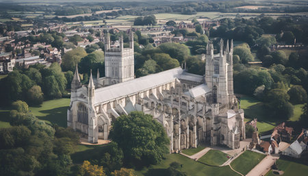 Aerial view of the Abbey Church of St Peter and St Paul in Cambridge, UKの素材