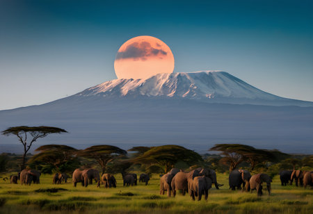 Elephants and Mt Kilimanjaro at sunset, Tanzaniaの素材