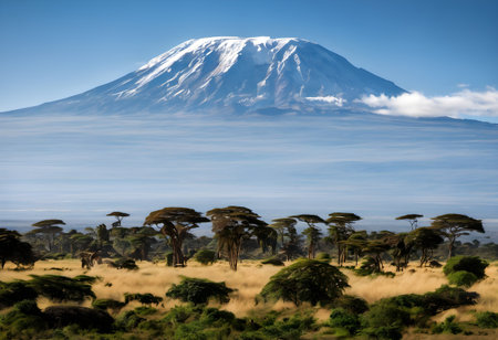 Mt Kilimanjaro with acacia trees, Tanzania, Africaの素材