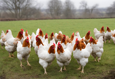 chickens on a farm in the netherlands in winterの素材