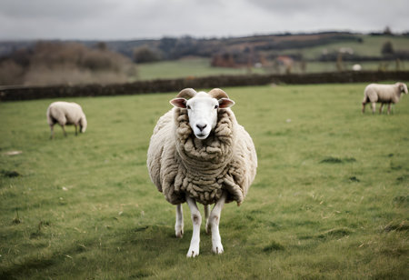 Sheep in a field on a cloudy day, England, UKの素材
