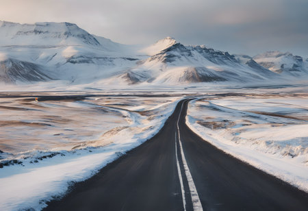 Icelandic winter landscape with road and snow-capped mountainsの素材