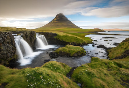 Kirkjufellsfoss waterfall in Iceland, Europeの素材