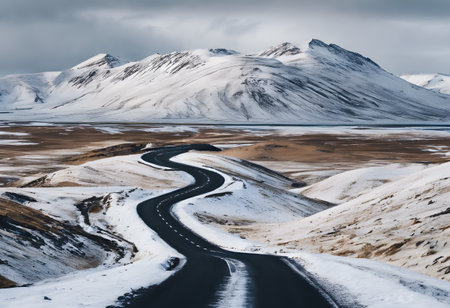 Icelandic winter landscape with road and snow-capped mountainsの素材