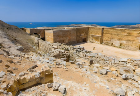 Ruins of Masada fortress on the shores of the Mediterranean Sea in Israelの素材