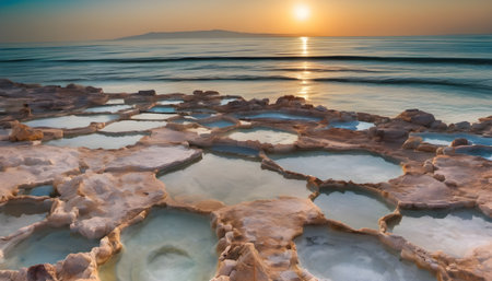 Sunrise over the Dead Sea in Israel. The Dead Sea is a salt lake in Israel.の素材