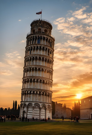 Leaning Tower of Pisa at sunset, Tuscany, Italyの素材