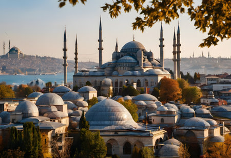 View of the Sultan Ahmed Mosque from Suleymaniye Mosque, Istanbul, Turkeyの素材