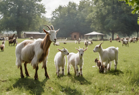 Herd of goats on a meadow in the summer time.の素材