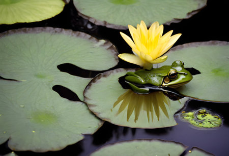 Frog and yellow water lily in the pond, Thailand.の素材