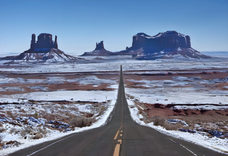 Road to Monument Valley in winter, Navajo Tribal Lands, Utah, USAの素材