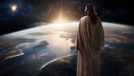 Jesus Christ in space. Mixed media. Mixed media. Mixed mediaの素材