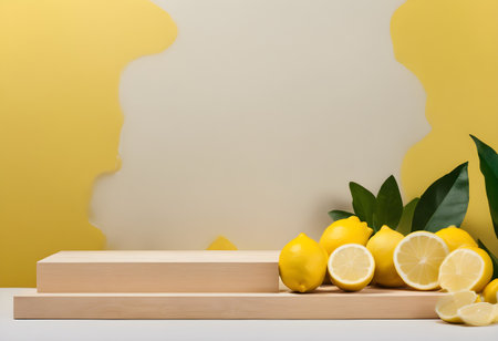 Creative layout made of fresh lemons and green leaves on wooden shelf. Minimal summer concept.の素材