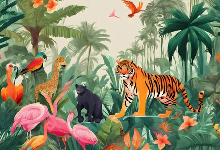 Seamless pattern with tropical jungle animals. Watercolor painting.の素材