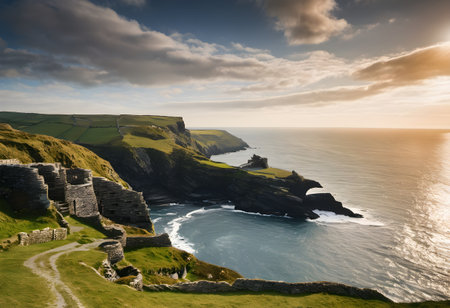 Sunset over the cliffs of Etretat, Normandy, Franceの素材