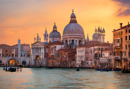 Grand Canal and Basilica Santa Maria della Salute at sunset, Venice, Italyの素材