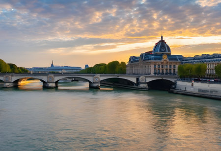 Sunset view of Seine river and Pont Neuf in Paris, Franceの素材