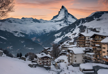 Winter in the swiss alps, Switzerland with Matterhorn in the backgroundの素材